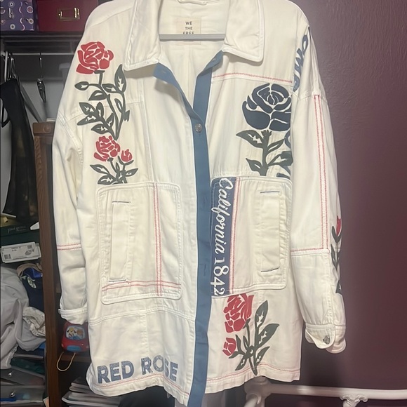 We The Free Jackets & Blazers - We The Free White Jean Jacket with Red & Navy Rose Graphics